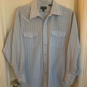 Panhandle Slim Light Blue Striped Button Down Pearl Snap Shirt